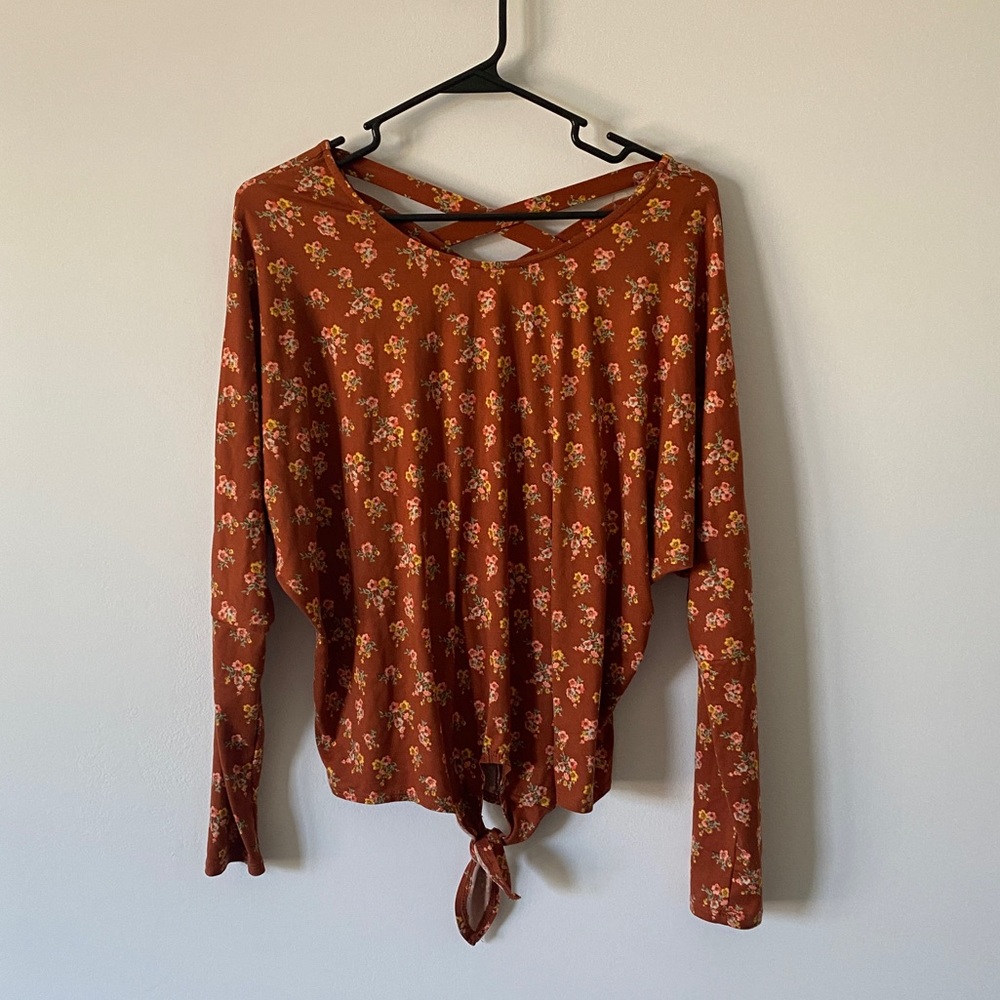 IZ Byer Boho Orange Floral Cross Back Tie Front Long Sleeve Top Juniors Small - Picture 1 of 7